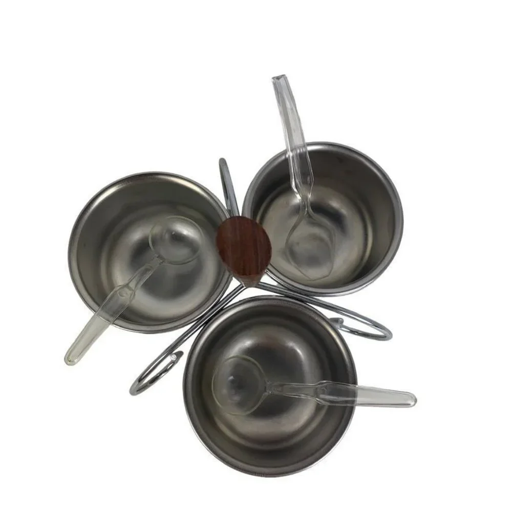 Vintage Midcentury 3 Bowl Condiment Caddy Metal Wood Handle Plastic Spoons‎